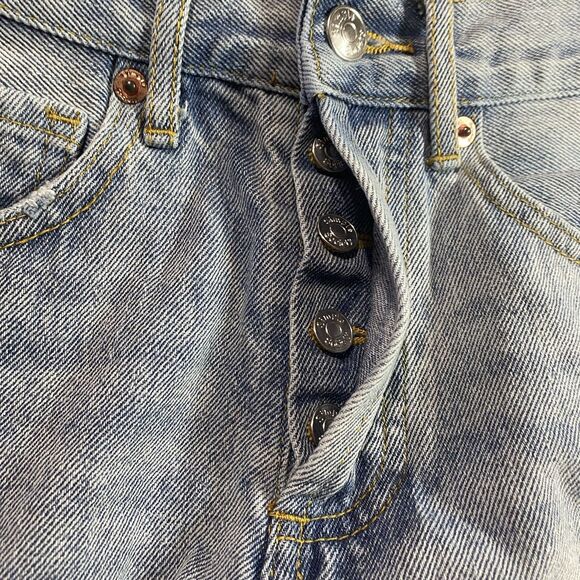 SIMPLE SOCIETY Denim Shorts Distressed Button Fly Raw Hem Y2K Womens 0 24 Blue - Picture 9 of 10